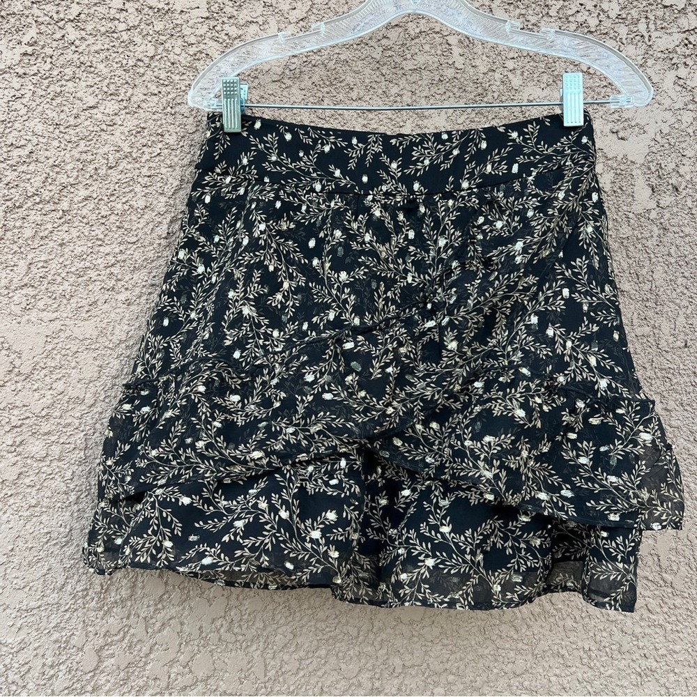 Sezane Black Mini Skirt with Cream Floral Print